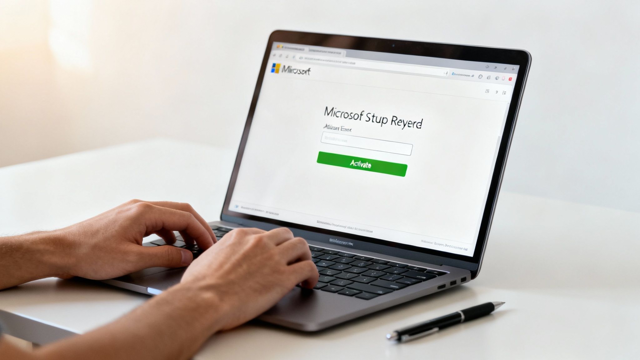 A person entering a product key into a Microsoft activation screen on a laptop.