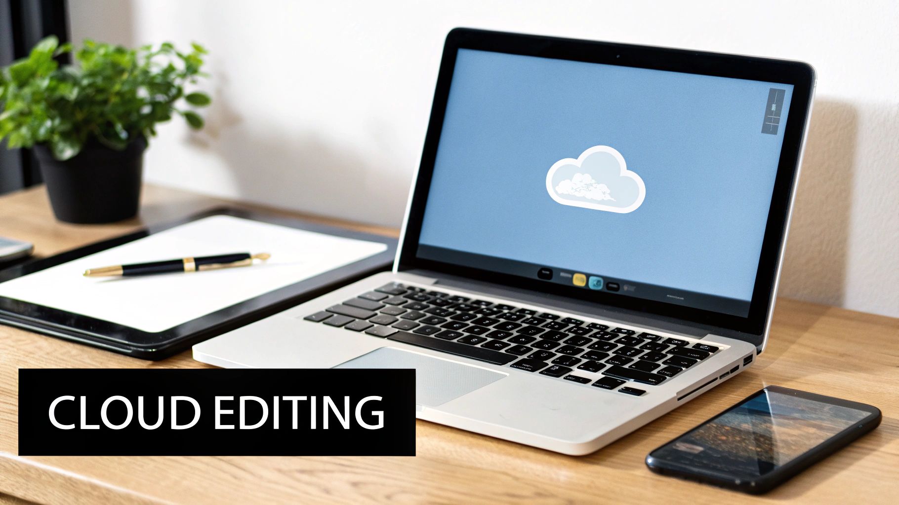 A person editing video on a laptop in a bright, modern space, suggesting flexibility.