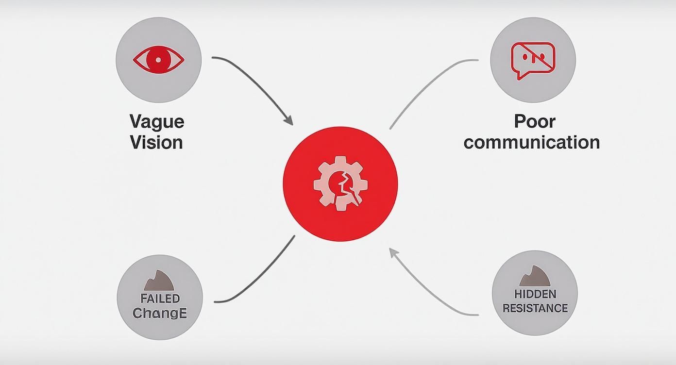 Infographic illustrating common reasons for change failure, including a vague vision, poor communication, and hidden resistance.