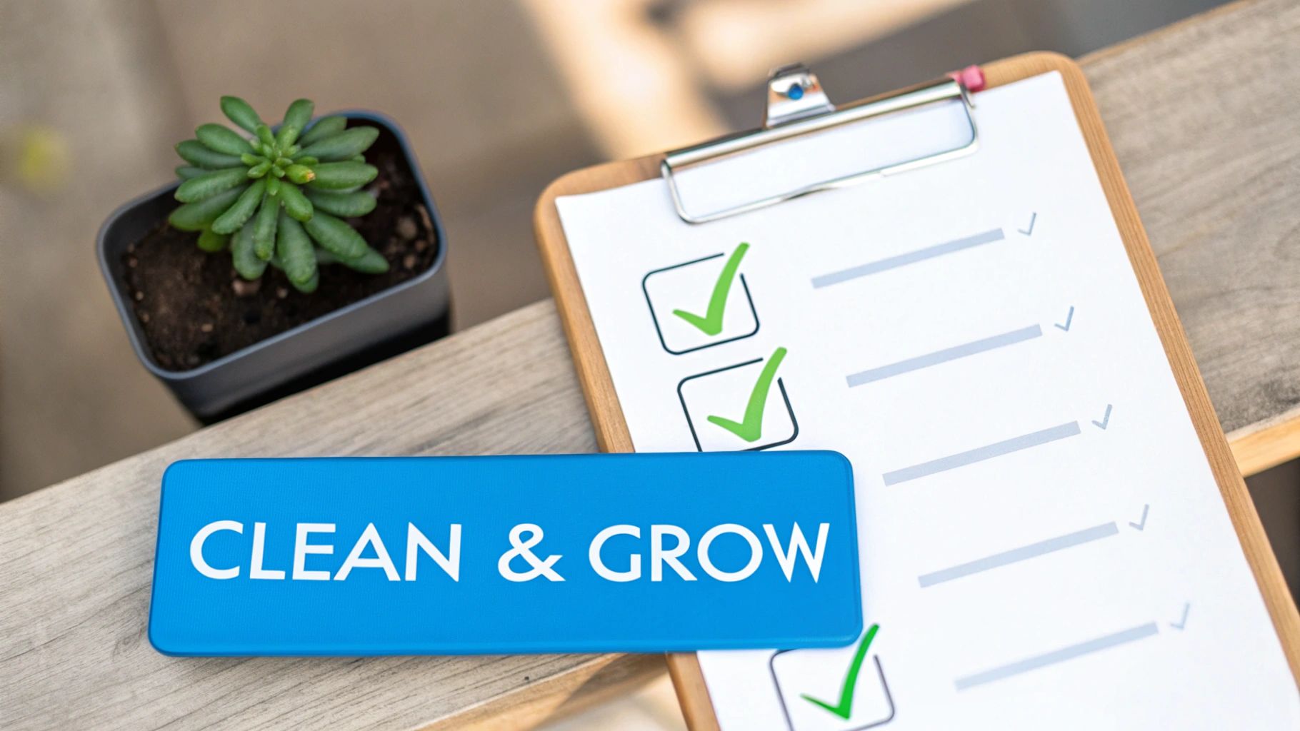 A potted succulent, a checklist with green checkmarks, and a blue 'Clean & Grow' sign on a wooden table.
