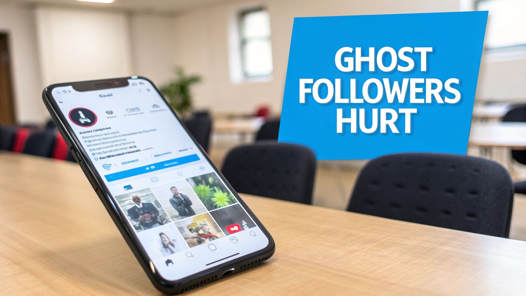 A smartphone displays a social media profile on a table, with a blue overlay reading 'GHOST FOLLOWERS HURT'.