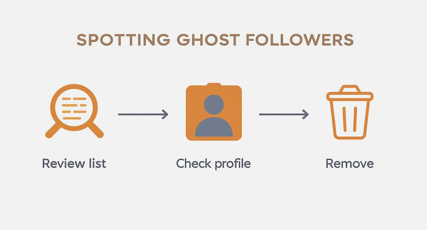 Infographic detailing three steps to spot and remove ghost followers: review list, check profile, then remove.
