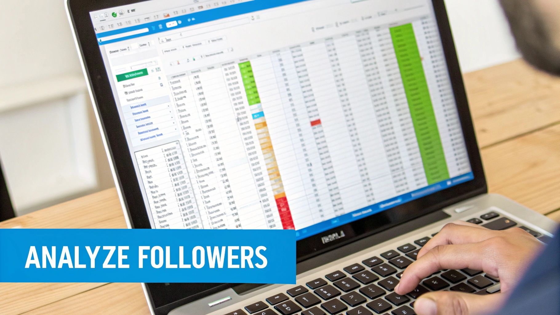 A person analyzing a spreadsheet on a laptop with the text 'ANALYZE FOLLOWERS' on screen.