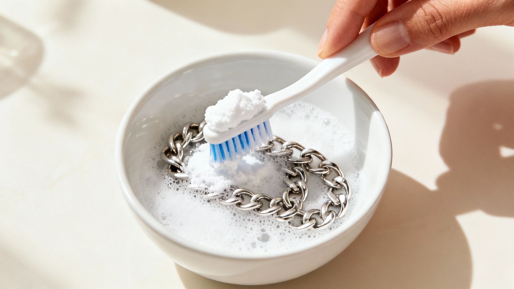 A close-up of various silver jewelry pieces soaking in a bowl with a cleaning solution.