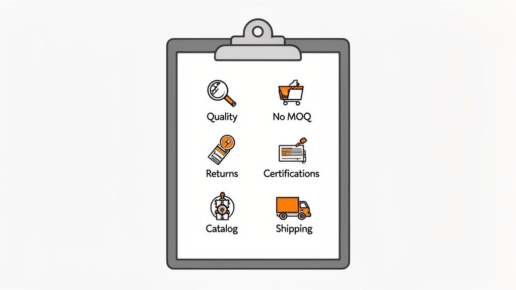 Clipboard displaying six business service icons: Quality, No MOQ, Returns, Certifications, Catalog, and Shipping.
