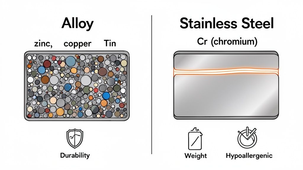 Diagram comparing alloy composition (zinc, copper, tin) and durability with stainless steel (chromium) for weight and hypoallergenic properties.