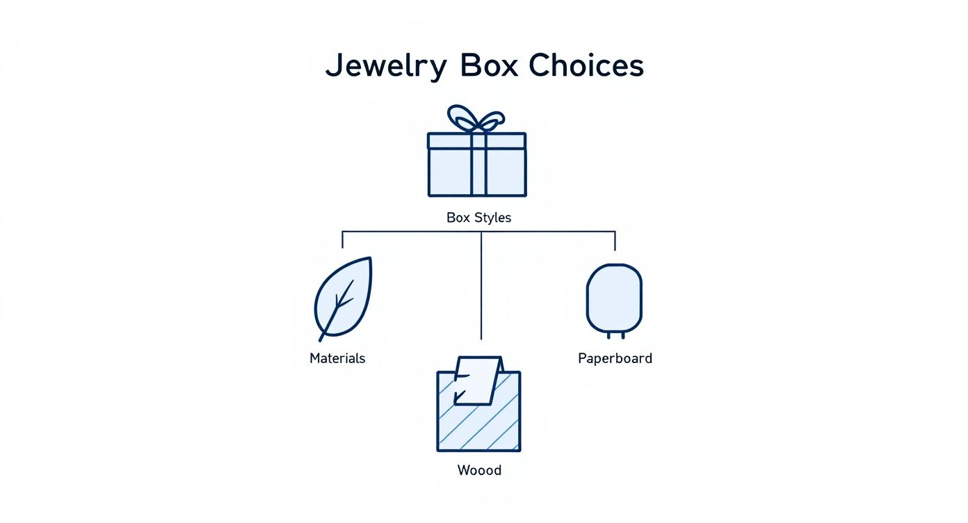 A diagram illustrating jewelry box choices, categorized by box styles and materials like wood and paperboard.