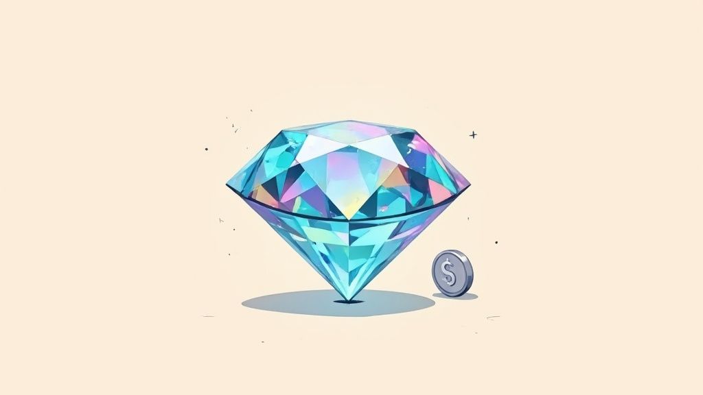 A sparkling, multifaceted diamond with iridescent colors stands next to a silver dollar coin on a light background.
