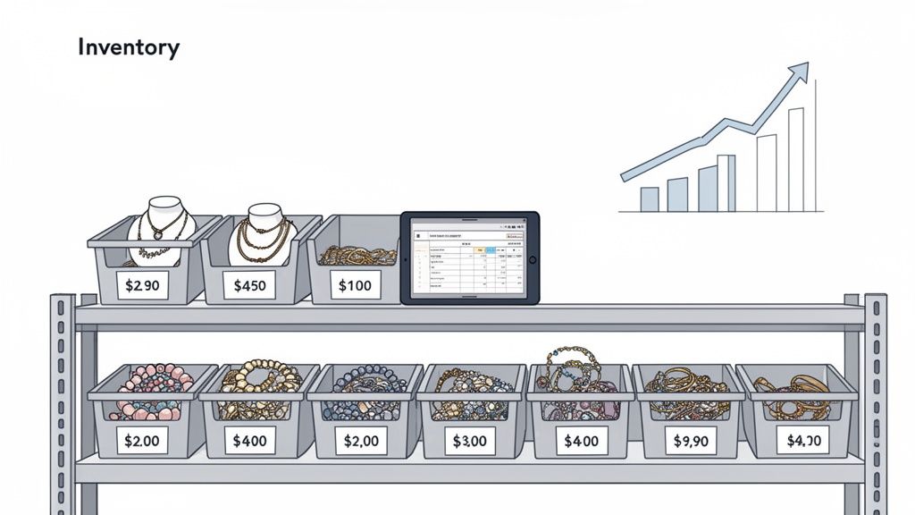 Illustration of costume jewelry inventory on shelves with prices and a tablet for management, showing business growth.