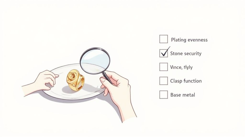 Hands with a magnifying glass inspecting a gold ring on a white plate, next to a jewelry quality checklist.
