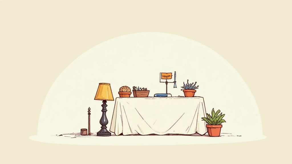 Illustration of a flea market stall setup with a table, lamp, various potted plants, and goods.