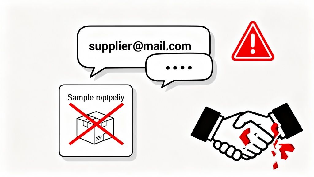 Illustration showing email, a warning sign, a rejected sample package, and a broken handshake.