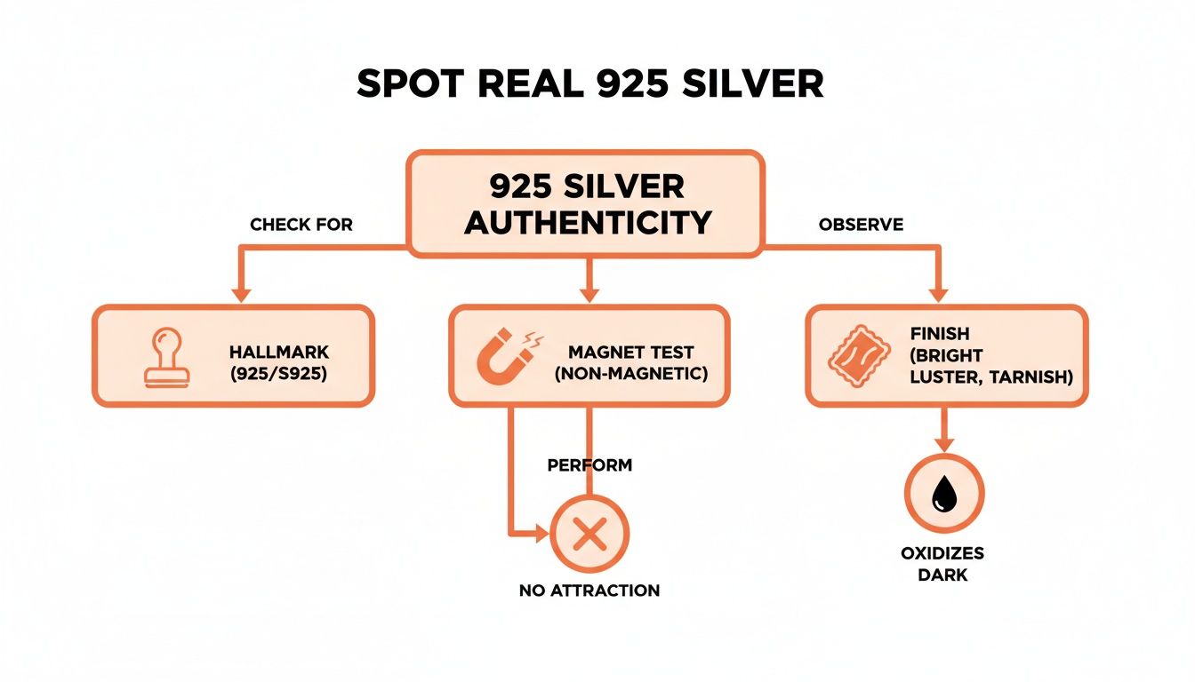 A flowchart illustrating methods to check the authenticity of 925 sterling silver, including hallmark, magnet test, and finish.