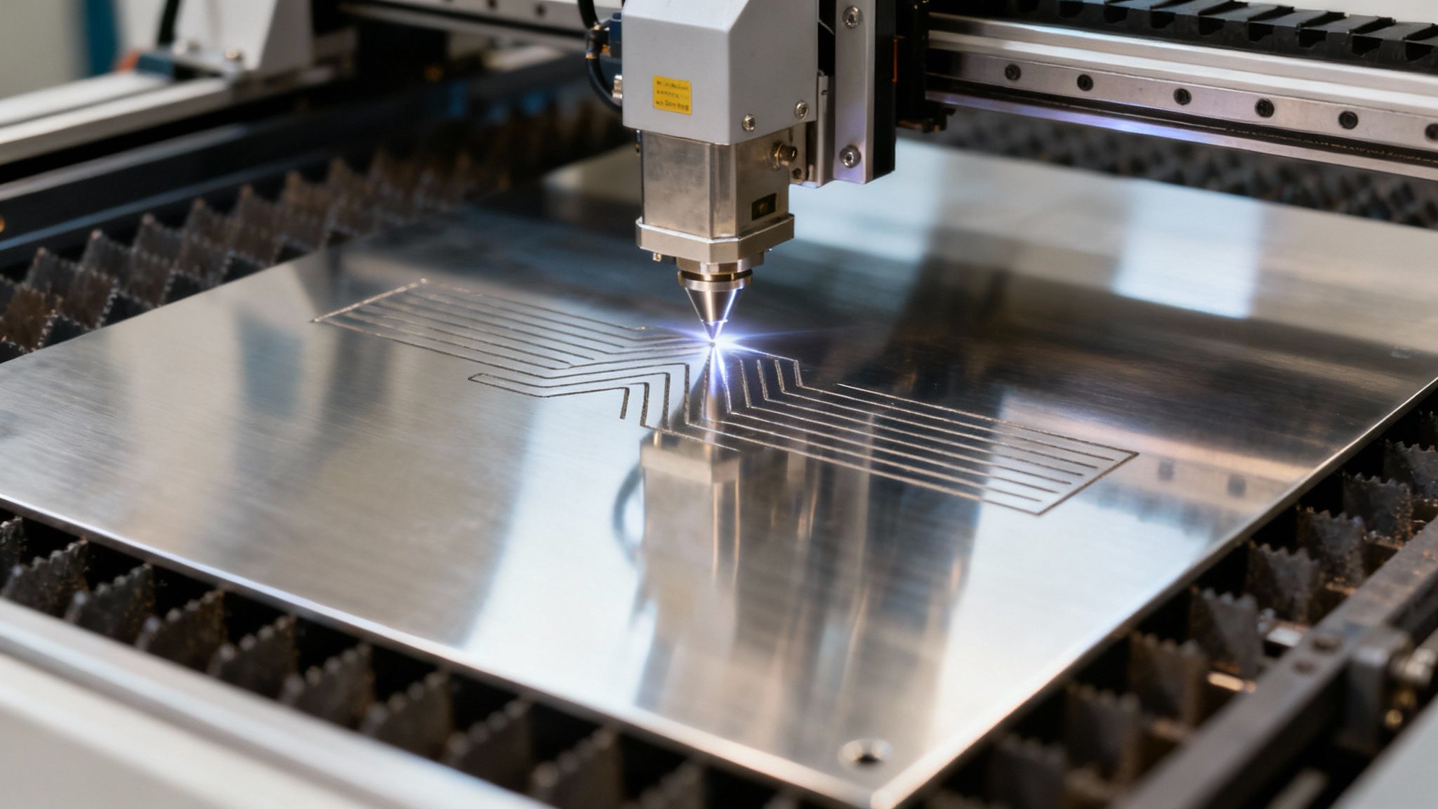 A modern laser machine precisely etching a complex design onto a piece of engravable stainless steel.