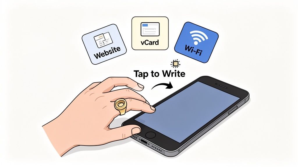 A hand wearing an NFC ring taps a smartphone, indicating the ability to write website, vCard, or Wi-Fi data.