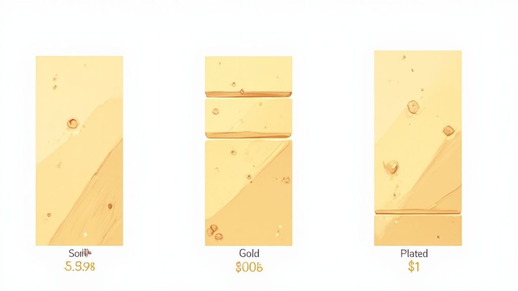 A collection of gold filled jewelry pieces displayed on a white surface