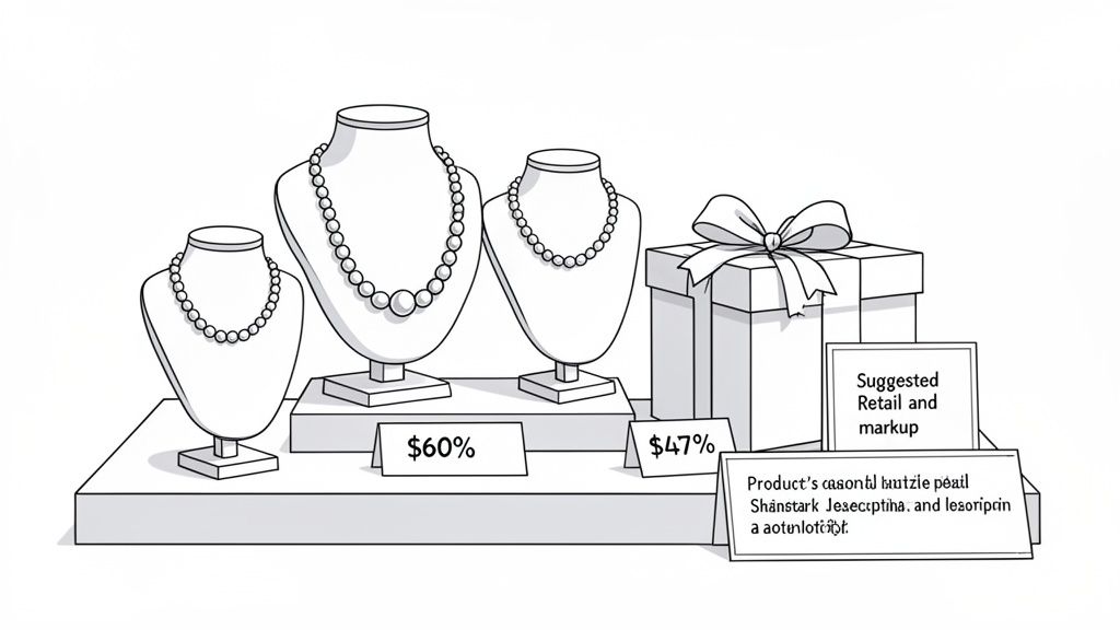 A retail display showing three pearl necklaces on busts, a gift box, and price tags with percentages and markup details.