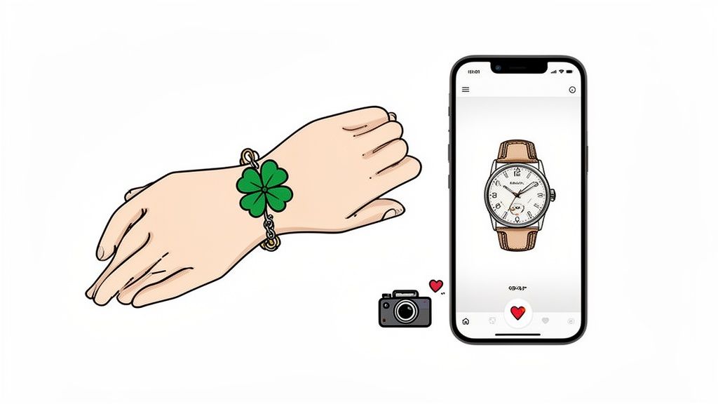 A cartoon illustration of a hand wearing a clover bracelet next to a smartphone displaying a watch.