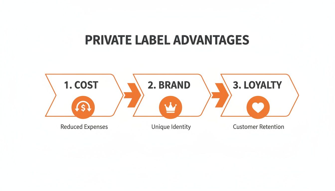 Infographic showing private label advantages: reduced costs, unique brand identity, and customer loyalty.