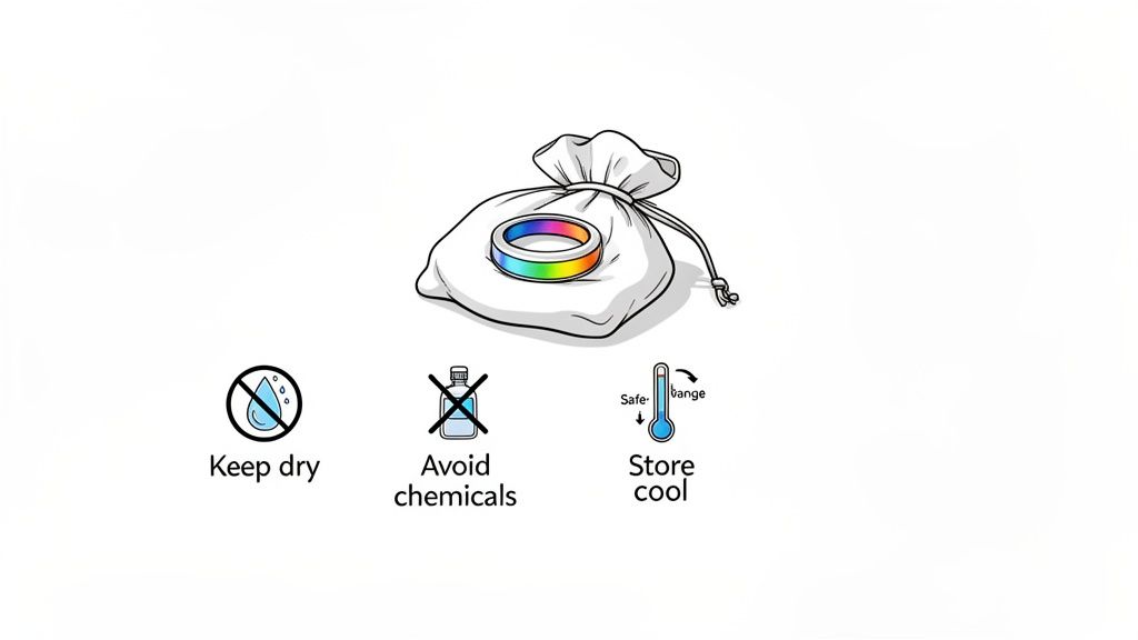Illustration of a rainbow mood ring on a pouch with care instructions: keep dry, avoid chemicals, store cool.