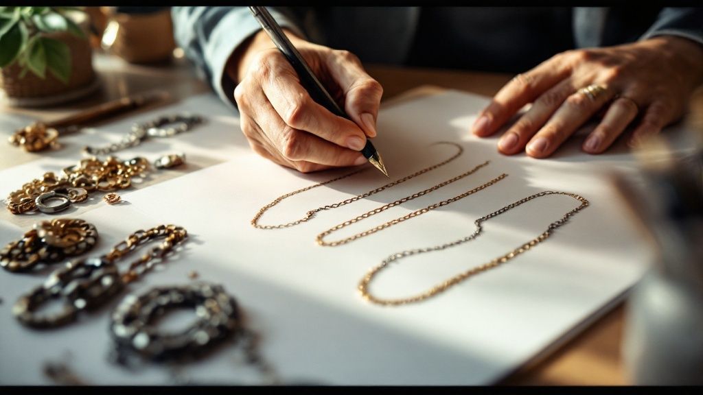 A collection of beautifully arranged wholesale jewelry chains, styled for a marketing photoshoot on a clean background.
