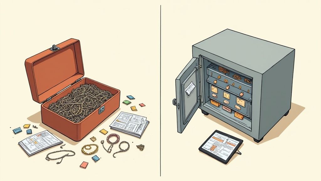 A jeweler carefully organizing rings in a display tray, symbolizing inventory management.