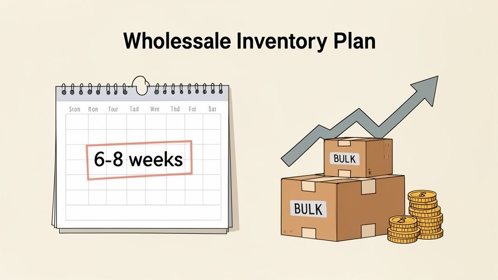 A diagram illustrating a wholesale inventory plan with a calendar showing '6-8 weeks', bulk boxes, an upward growth arrow, and stacks of coins.