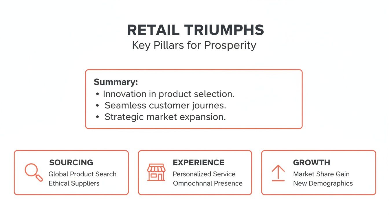A presentation slide titled 'RETAIL TRIUMPHS: Key Pillars for Prosperity' with strategies for growth.