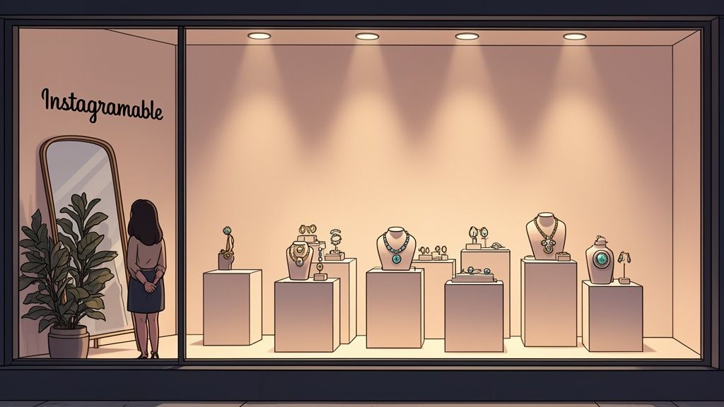 A woman looks in a mirror next to a plant in a jewelry store window display with necklaces.