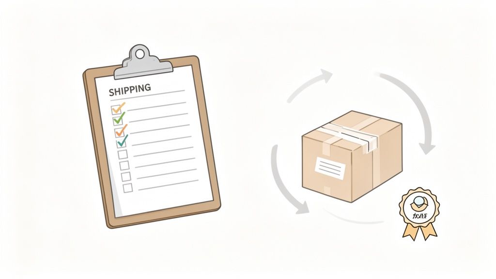 Illustration of a shipping checklist, a package box, and a quality assurance award.