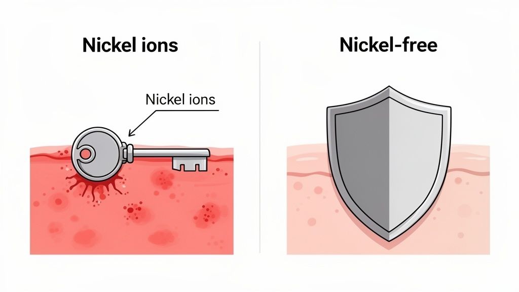 Illustration contrasting nickel ions causing skin irritation from a key, with a shield for nickel-free healthy skin.