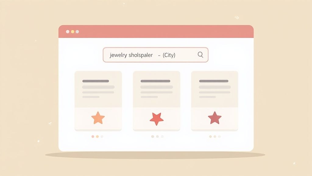 A browser window displays search results for 'jewelry wholesalers (City)' with three listed options, each featuring a star icon.