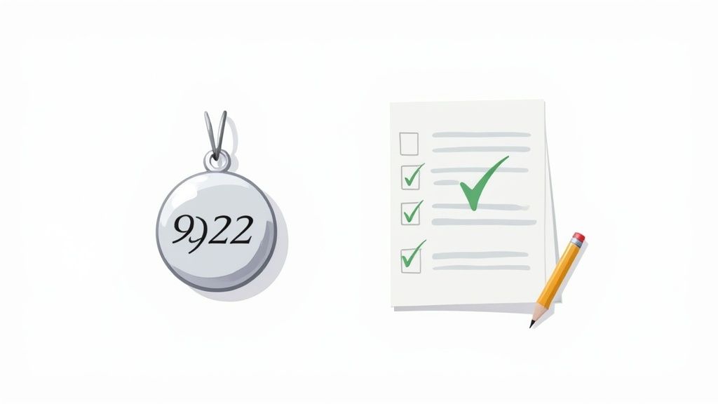A silver charm with the number '9)22' and a checklist with green checkmarks and a pencil.