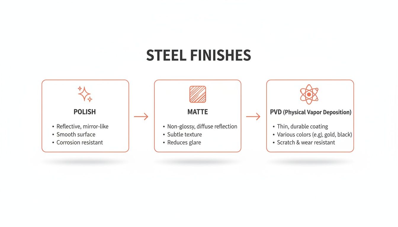 An infographic illustrating three steel finishes: polish, matte, and PVD (Physical Vapor Deposition), detailing their characteristics.