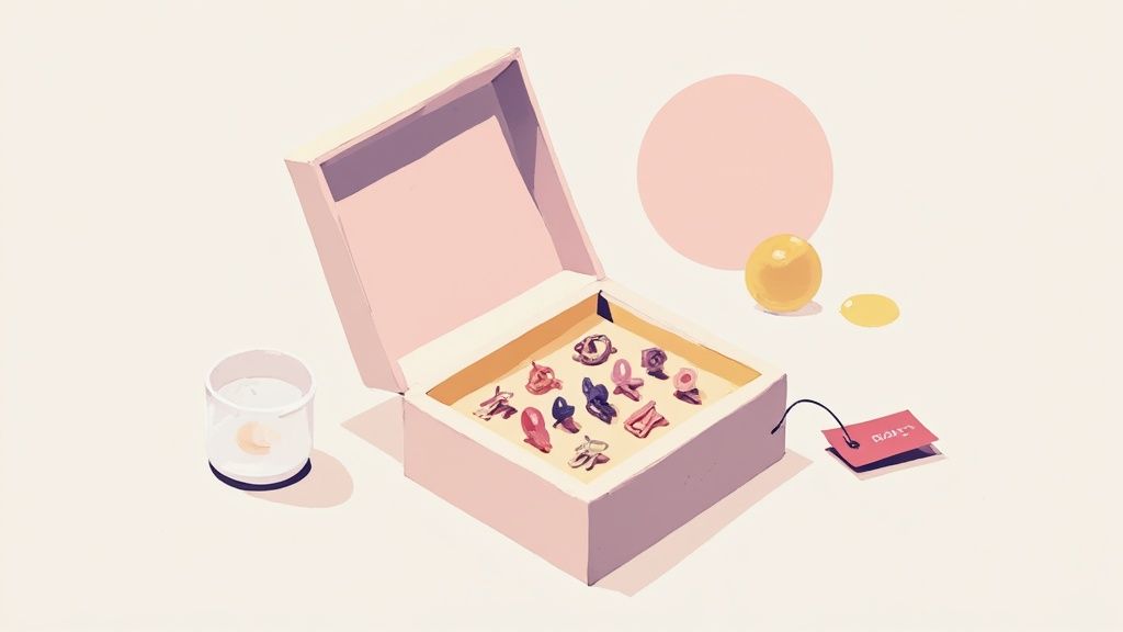 An open pink box containing various colorful hair clips, with a glass and yellow spheres nearby.