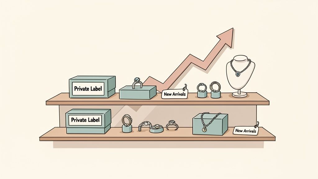 A two-tier shelf displays private label jewelry boxes, new arrivals, and various pieces of jewelry with an upward growth arrow.