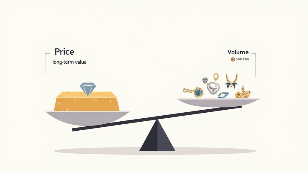 A gold coin sits next to a pile of colorful fashion jewelry, visually comparing value and trendiness.