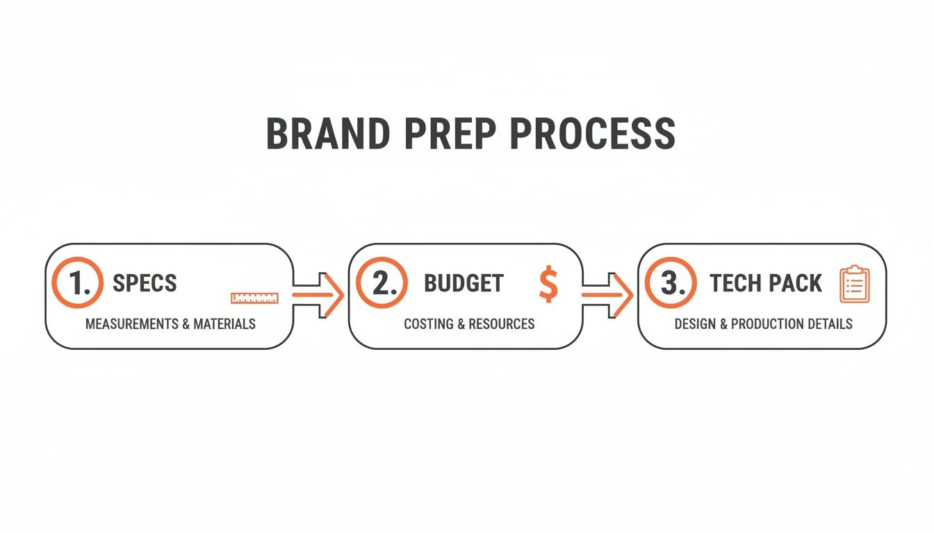 A diagram illustrating the brand preparation process with three key steps: specs, budget, and tech pack.