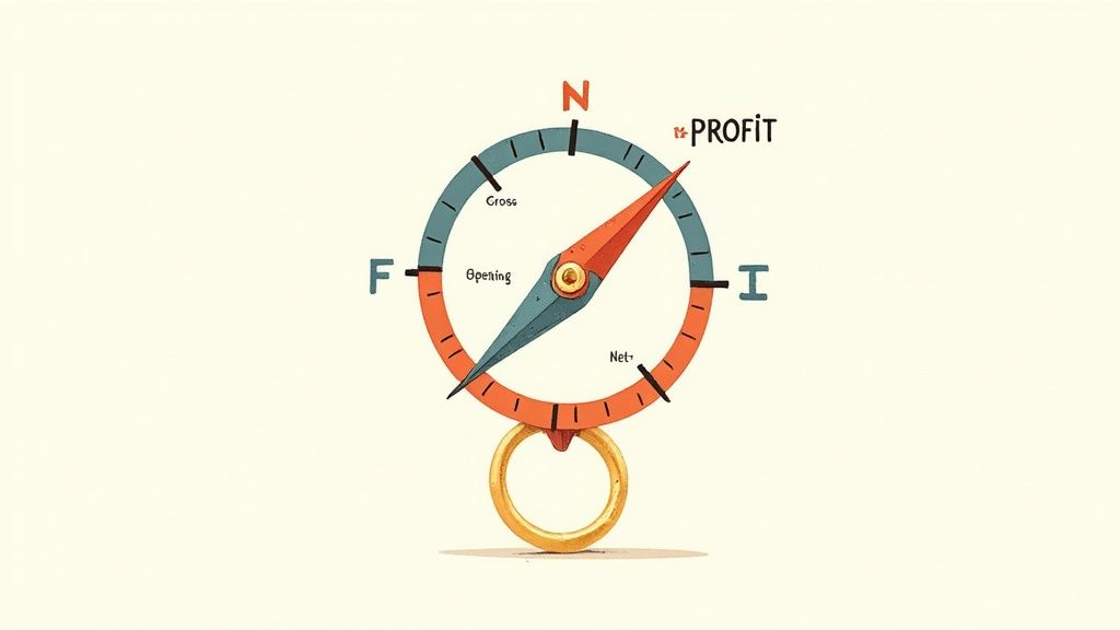 A financial compass points to 'PROFIT', with markings for Gross, Opening, and Net margins.