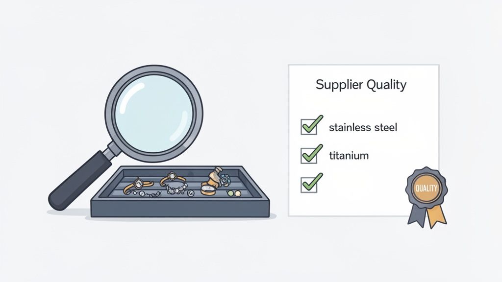 A magnifying glass inspecting jewelry items in a tray next to a 'Supplier Quality' checklist for stainless steel and titanium.