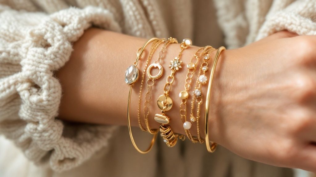 A close-up of a layered gold bracelet stack on a wrist