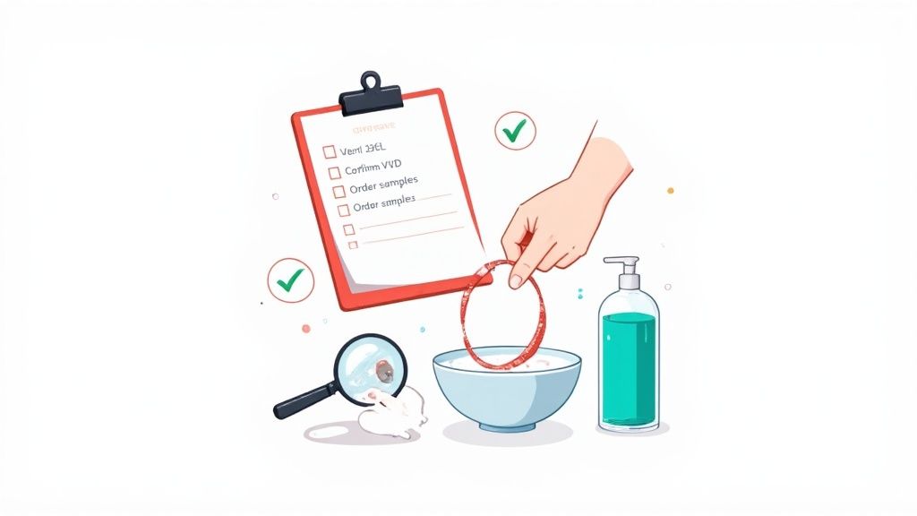 Illustration of a quality control process for jewelry, including a checklist, liquid test, and magnifying glass inspection.