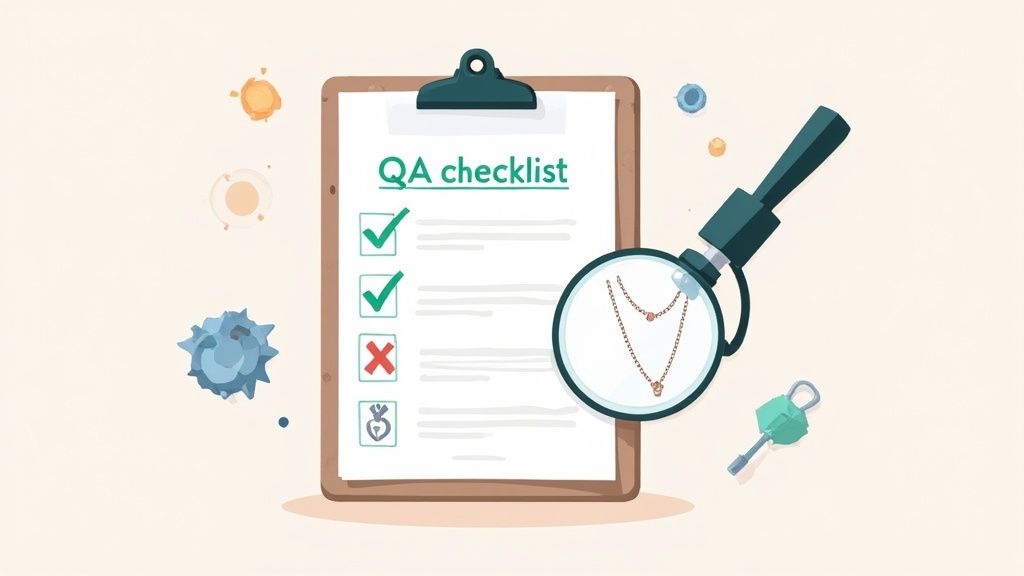 A person inspecting costume jewellery with a magnifying glass.