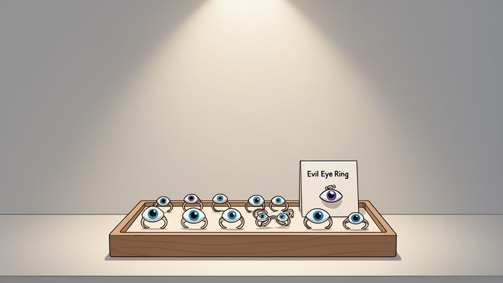 A wooden tray displays multiple evil eye rings with blue irises under a spotlight.