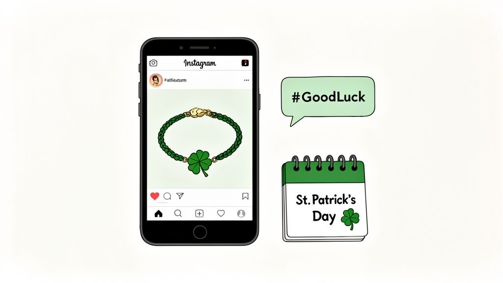 A smartphone displays an Instagram post of a green clover bracelet, next to a #GoodLuck speech bubble and a St. Patrick's Day calendar.