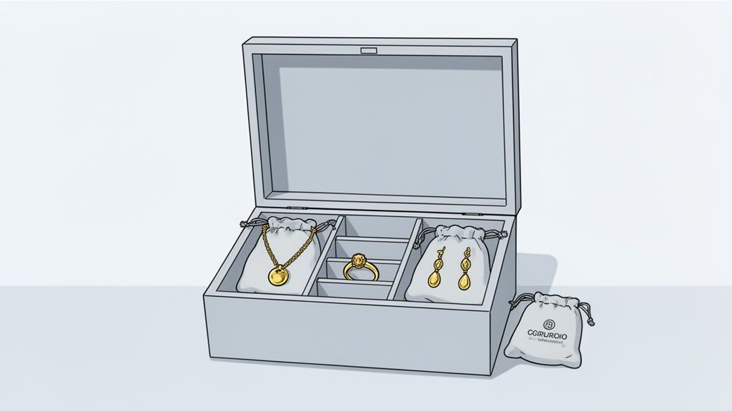 An open gray jewelry box filled with various gold-plated jewelry items, including a necklace, ring, and earrings, stored in protective pouches.
