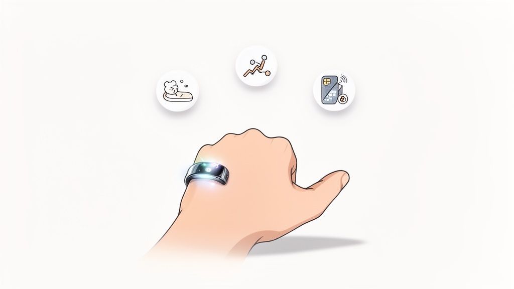 A cartoon hand wears a glowing smart ring with icons for sleep, data, and contactless payments.