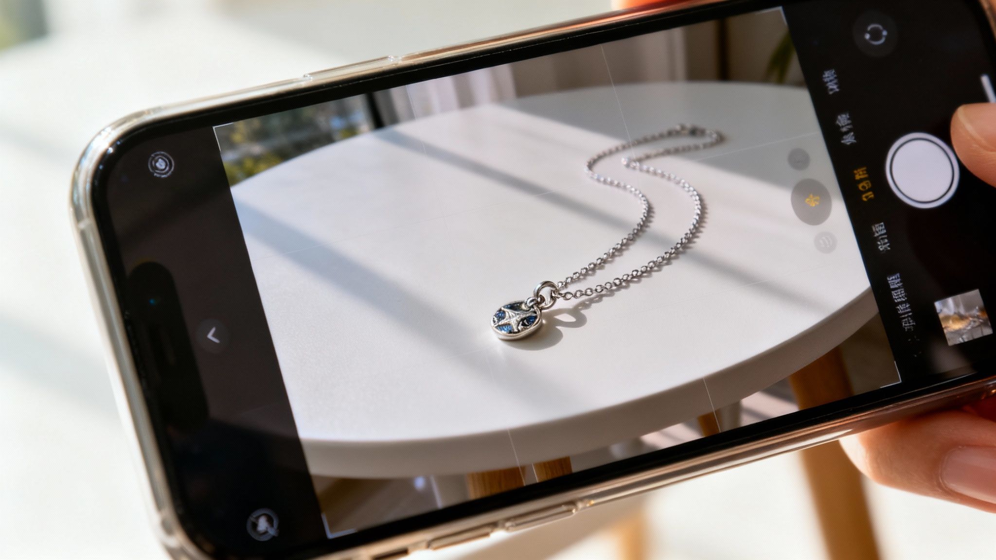 A person's hand holding a delicate charm necklace against a soft, blurred background