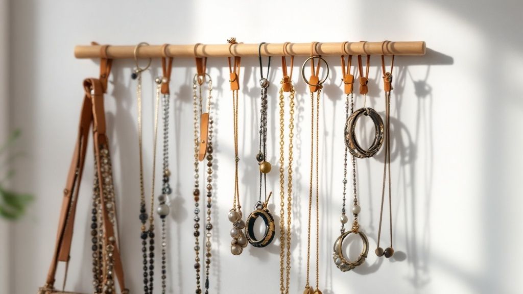 Organized jewelry in a drawer with sections for necklaces, rings, and earrings.