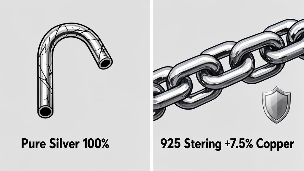 Comparison of pure 100% silver as a cracked tube versus strong 925 sterling silver chain.